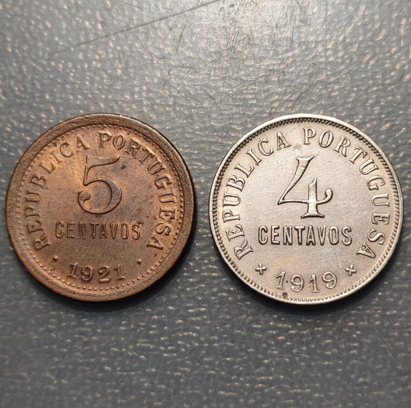 PORTUGAL LOT OF 2 COINS 5 CENTAVOS 1921 - 4 CENTAVOS 1919 - Imagen 2