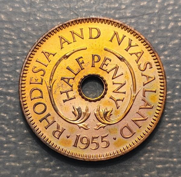 RHODESIA & NYASALAND RODESIA & NYASALANDIA 1/2 PENNY 1955 PROOF SC-/SC - Imagen 2