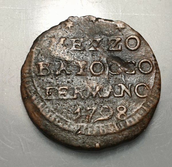 ESTADOS PAPALES PONTIFICIO VATICANO FERMO PIO VI 1/2 BAIOCCO 1798 DOBLEZ - Imagen 2