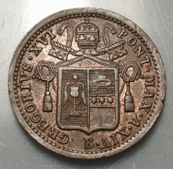 ESTADOS PAPALES PONTIFICIO VATICANO GREGORIO XVI 1/2 BAIOCCO 1844 B EBC+/SC-