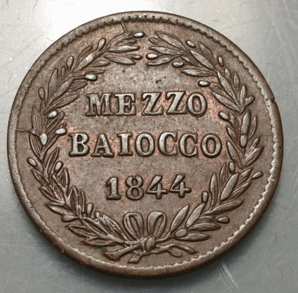ESTADOS PAPALES PONTIFICIO VATICANO GREGORIO XVI 1/2 BAIOCCO 1844 B EBC+/SC- - Imagen 2