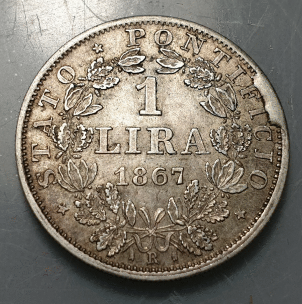 ESTADOS PAPALES PONTIFICIO VATICANO PIO IX 1 LIRA 1867 BUSTO GRANDE SC-EXC METAL - Imagen 2