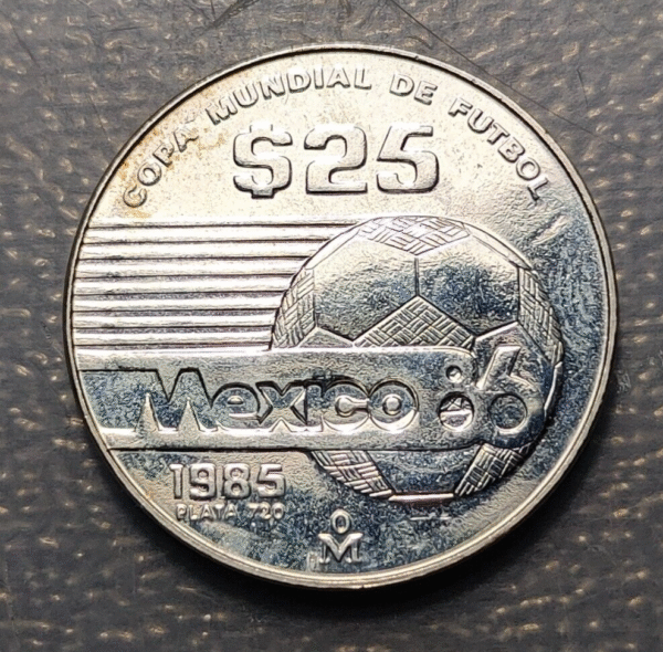 MEXICO 25 PESOS 1985 FOOTBALL UNC