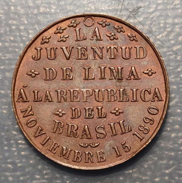 PERU BRASIL JUVENTUD DE LIMA A LA REPUBLICA DE BRASIL MEDALLA 1890 EBC+ - Imagen 2