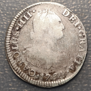 PERU LIMA CARLOS IV CHARLES IV 2 REALES 1794 IJ HAIRLINES