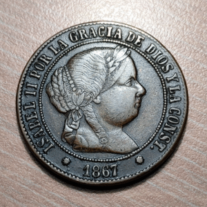 ESPAÑA SPAIN ISABEL II BARCELONA 5 CENTIMOS DE ESCUDO 1867 MBC