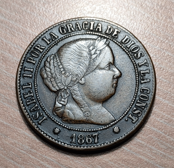 ESPAÑA SPAIN ISABEL II BARCELONA 5 CENTIMOS DE ESCUDO 1867 MBC