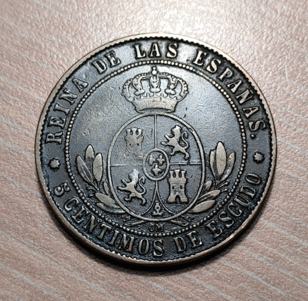 ESPAÑA SPAIN ISABEL II BARCELONA 5 CENTIMOS DE ESCUDO 1867 MBC - Imagen 2