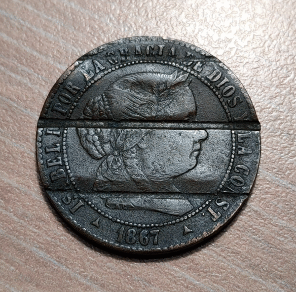 ESPAÑA SPAIN ISABEL II SEGOVIA 2 1/2 CENTIMOS DE ESCUDO 1867 DESMONETIZADA