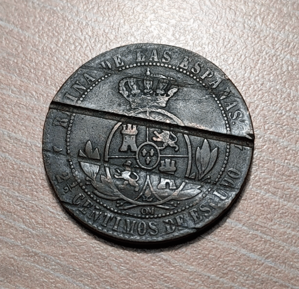 ESPAÑA SPAIN ISABEL II SEGOVIA 2 1/2 CENTIMOS DE ESCUDO 1867 DESMONETIZADA - Imagen 2