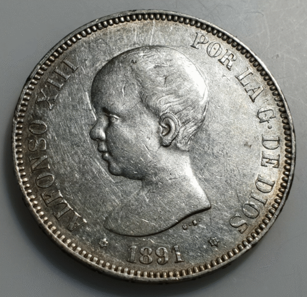 ESPAÑA ALFONSO XIII 5 PESETAS 1891 (18-91) PG M EBC-/EBC