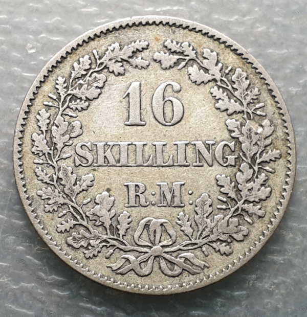 DINAMARCA DENMARK FREDERICK VII 16 SKILLING RIGSMONT 1857 MBC-/MBC - Imagen 2