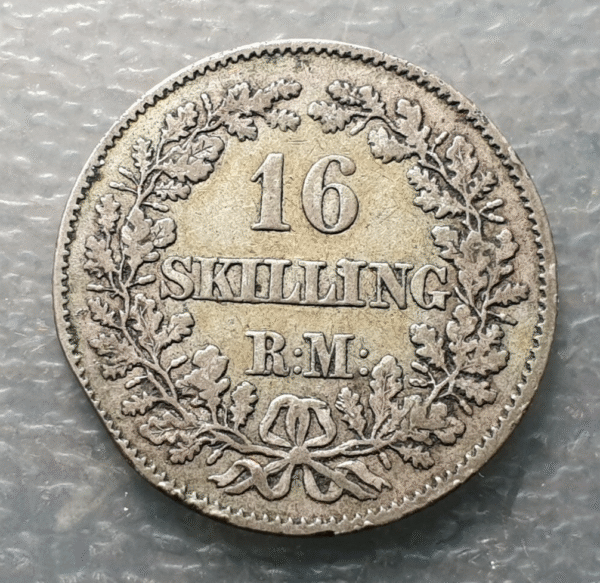 DINAMARCA DENMARK FREDERICK VII 16 SKILLING RIGSMONT 1856 MBC- - Imagen 2