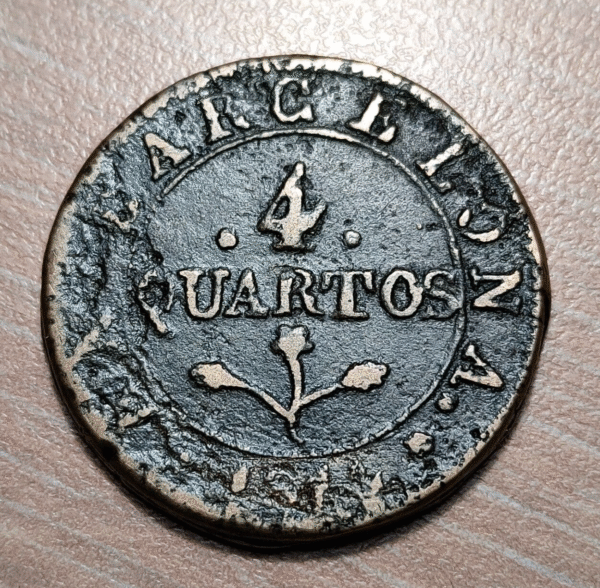 ESPAÑA SPAIN BARCELONA JOSE NAPOLEON 4 CUARTOS 4 QUARTOS 1814 FUNDIDA MBC