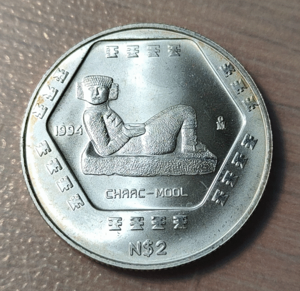 MEXICO 2 PESOS 1994 1/2 ONZA TROY CHAAC MOOL PLATA SC UNC