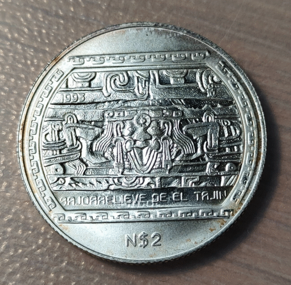 MEXICO 2 PESOS 1993 1/2 ONZA TROY BAJORRELIEVE TAJIN PLATA SC UNC