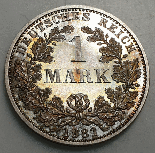 ALEMANIA GERMANY 1 MARK 1881 A SC SIN CIRCULAR UNC PATINA BONITA ESCASA ASI - Imagen 2