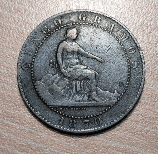 ESPAÑA GOBIERNO PROVISIONAL BARCELONA 5 CENTIMOS 1870 BC+ - Imagen 2