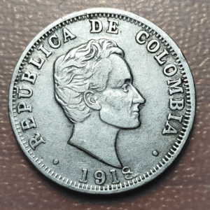 COLOMBIA 50 CENTAVOS 1918 DOBLE ACUÑACION EN REVERSO MBC-/MBC