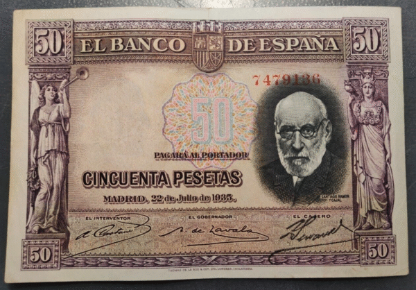 ESPAÑA 50 PESETAS 1935 RAMON Y CAJAL EBC DOBLEZ