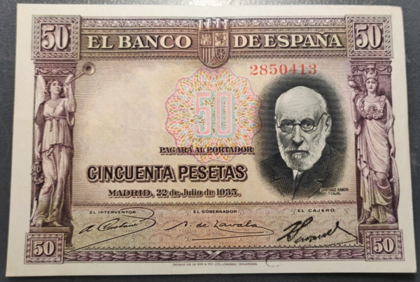 ESPAÑA 50 PESETAS 1935 RAMON Y CAJAL EBC DOBLEZ