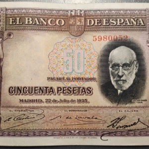 ESPAÑA 50 PESETAS 1935 RAMON Y CAJAL EBC DOBLEZ