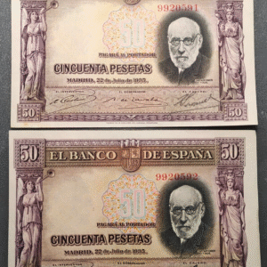 ESPAÑA 50 PESETAS 1935 RAMON Y CAJAL PAREJA CORRELATIVA 2 PIEZAS EBC+ DOBLEZ