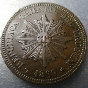 URUGUAY 2 CENTESIMOS 1869 H MBC/MBC+