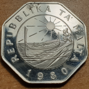 MALTA 25 CENTS 1980 NICKEL PROOF EBC OXIDACION LIMPADA EN ANVERSO