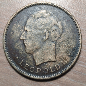 CONGO BELGA BELGIAN CONGO LEOPOLD III 5 FRANCOS 5 FRANCS 1936 BC+