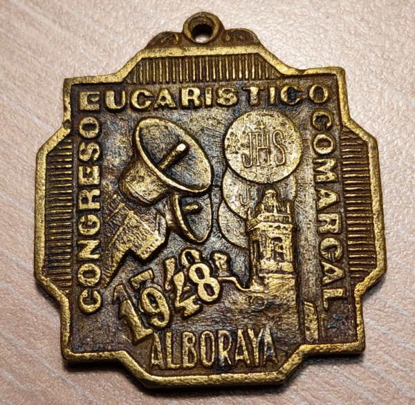 MEDALLA RELIGIOSA ALBORAYA CONGRESO EUCARISTO COMARCAL 1948 39x35mm 19,69g - Imagen 2