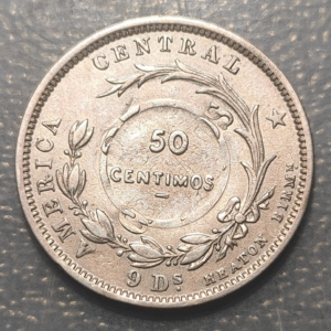 COSTA RICA 50 CENTIMOS 1923 RESELLADA SOBRE 25 CENTAVOS 1893