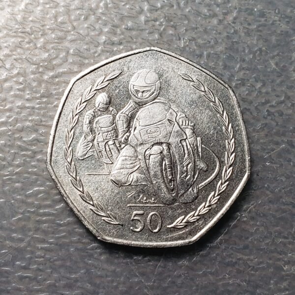 ISLE OF MAN ELIZABETH II 50 PENCE 1997 TT RACE TOURIST TROPHY EBC
