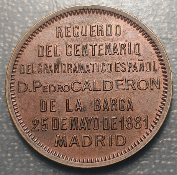 MEDALLA CALDERON DE LA BARCA 2º CENTENARIO FDO: MASSOMET 1681-1881 MADRID - Imagen 2