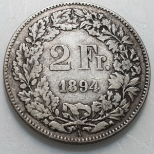 SUIZA SWITZERLAND 2 FRANCOS 2 FRANCS 1894 A BC+