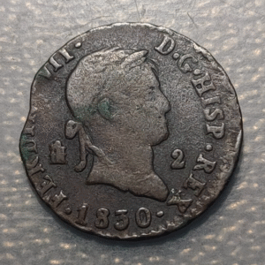 ESPAÑA SEGOVIA FERNANDO VII 2 MARAVEDIS 1830 ERROR ACUÑACION COSPEL SEGMENTADO