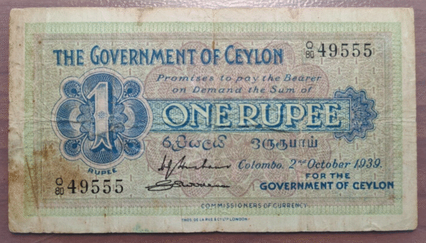 CEYLON CEILAN SRI LANKA 1 RUPEE 1 RUPIA 02/10/1939 P 16c BC+/MBC