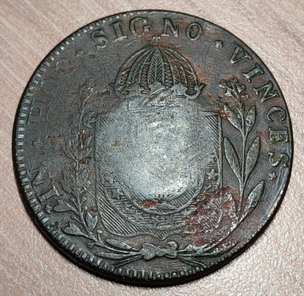 BRASIL BRAZIL 40 REIS 1835 COUNTERMARK OVER CONTRAMARCA EN 80 REIS 1832 R MBC- - Imagen 2