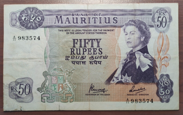 MAURICIO MAURITIUS 50 RUPEES 50 RUPIAS 1967 P 33 BC+/MBC-