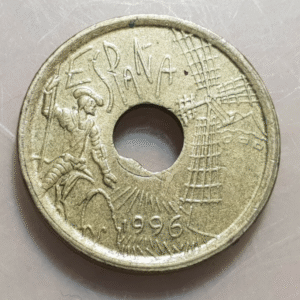 JUAN CARLOS I 25 PESETAS 1996 ERROR DE ACUÑACION: AGUJERO CENTRAL NO CIRCULAR