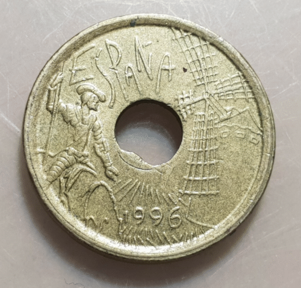 JUAN CARLOS I 25 PESETAS 1996 ERROR DE ACUÑACION: AGUJERO CENTRAL NO CIRCULAR
