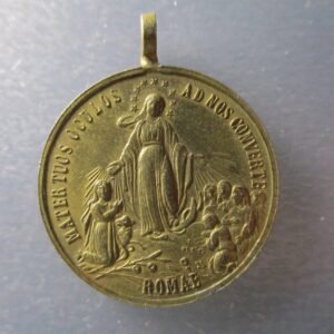 MEDALLA RELIGIOSA LA VIRGEN ENTRE FELIGRESES REZANDO / MONOGRAMA MARIA - PIO IX