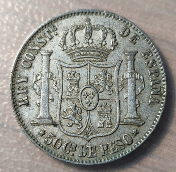 FILIPINAS PHILIPPINES MANILA ALFONSO XII 50 CENTAVOS DE PESO 1885 - Imagen 2