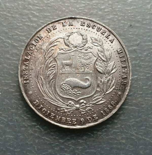 PERU MILITARY SCHOOL ESCUELA MILITAR 1889 SILVER MEDAL 30 mm SCARCE