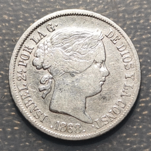 FILIPINAS PHILIPPINES MANILA ISABEL II 20 CENTAVOS DE PESO 1868 MBC-/MBC