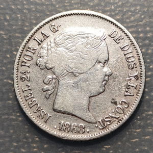 FILIPINAS PHILIPPINES MANILA ISABEL II 20 CENTAVOS DE PESO 1868 MBC