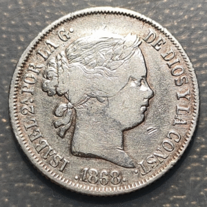 FILIPINAS PHILIPPINES MANILA ISABEL II 20 CENTAVOS DE PESO 1868 MBC/MBC+