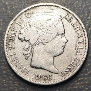 ESPAÑA ISABEL II SEVILLA 40 CENTIMOS DE ESCUDO 1866 MBC-/MBC