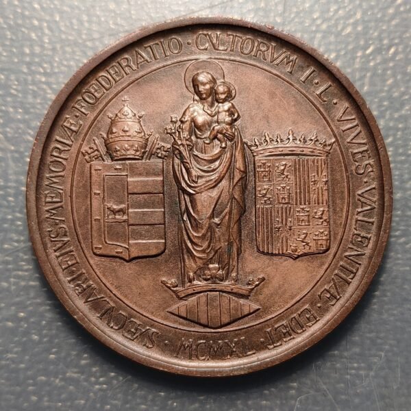ESPAÑA VALENCIA MEDALLA 1940 JUAN LUIS VIVES 1492-1540 VIRGEN NIÑO ESCUDO ESPAÑA - Imagen 2
