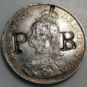 GRAN BRETAÑA GREAT BRITAIN VICTORIA 1 FLORIN 1887 AGUJERO HOLED CONTRAMARCAS P B